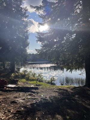 En gruppe mennesker som går på en sti mellom klipper
